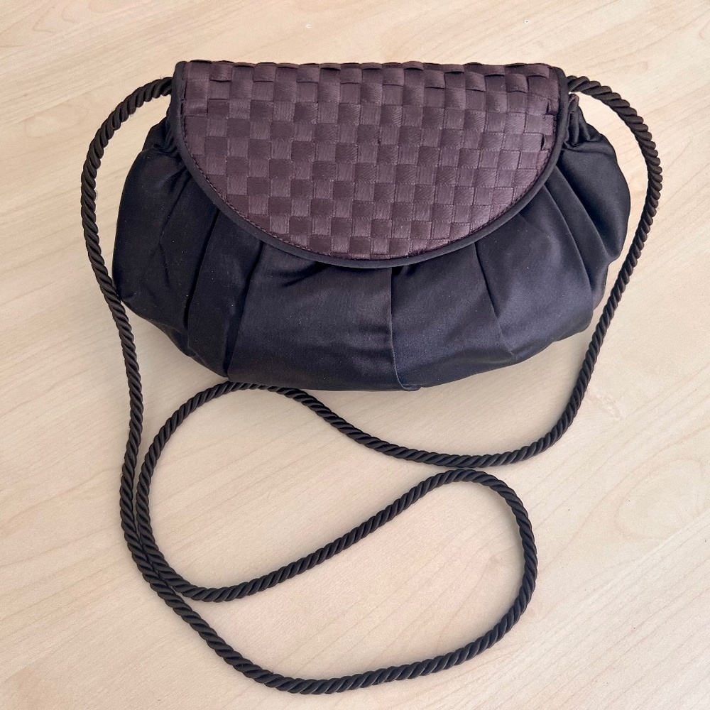 FENDI Brown Satin Clutch Evening/Formal Purse Braided Flap Shoulder Cord Strap